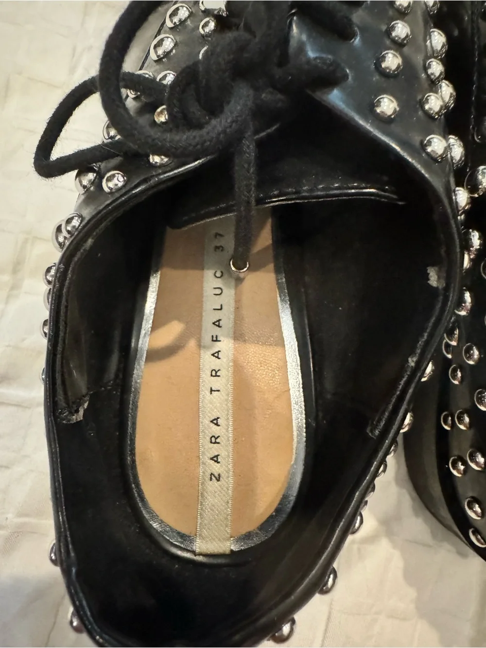 ZARA TRAFALUC Black Studded Oxford/Brogue Shoes Size 37